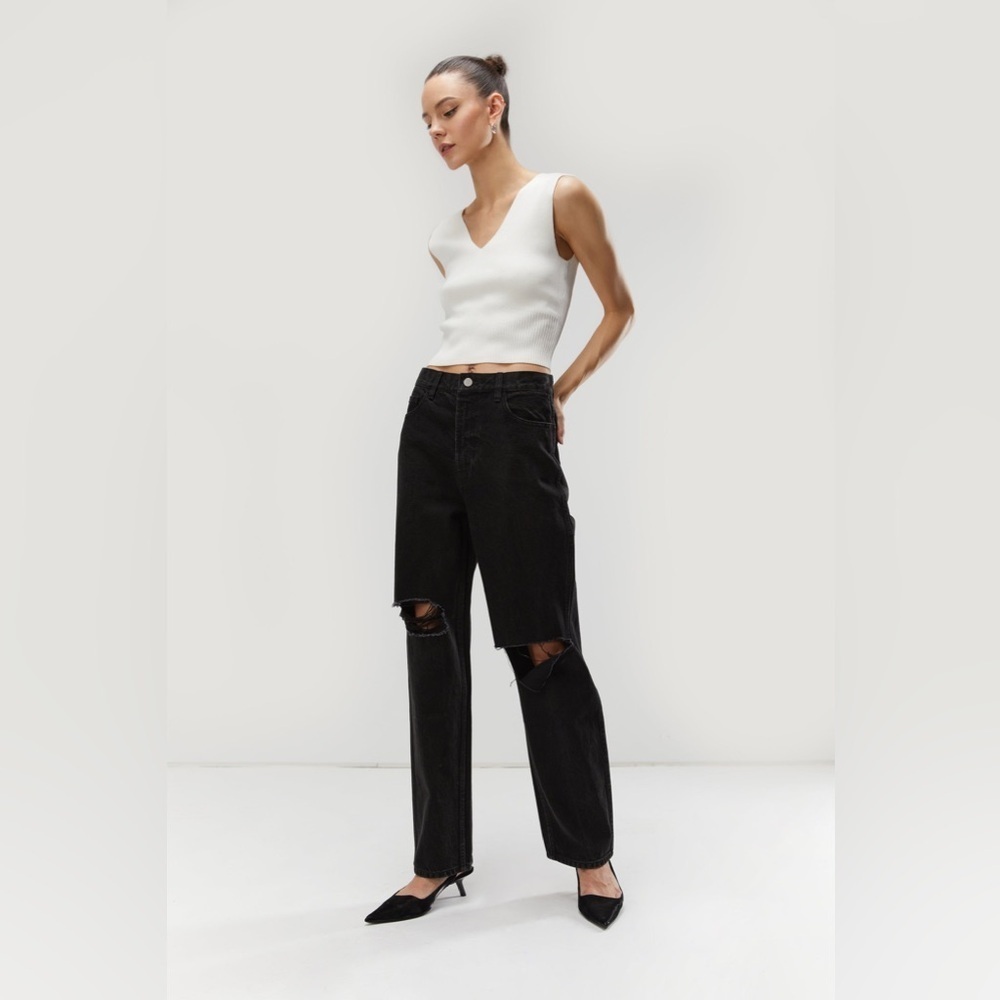 Oat + Fort STRAIGHT LEG RIPPED JEANS Black Size 28 Organic Cotton